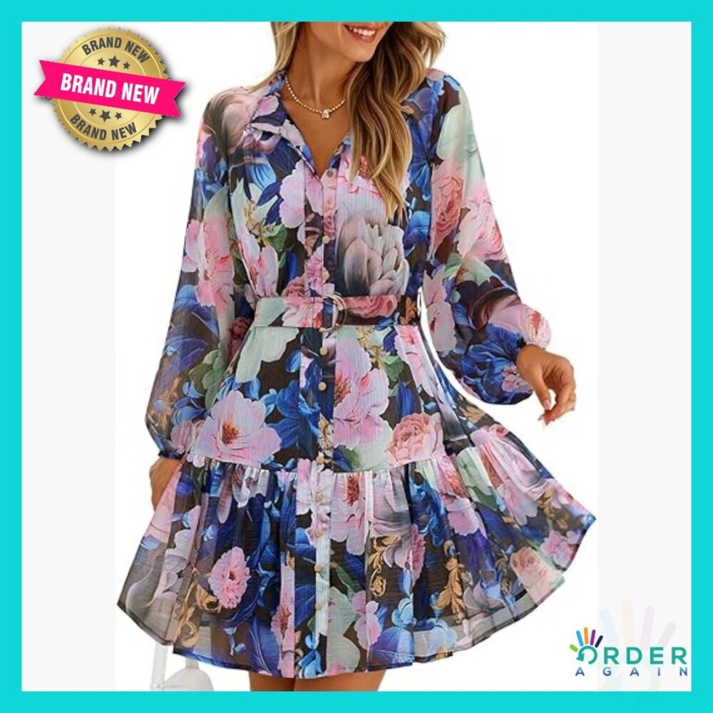 Floral Chiffon Mini Dress Long Sleeve Button Front A-Line Swing Party Wear